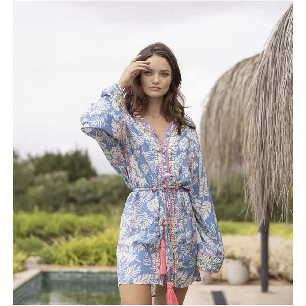 Miss June Milos Short Dress One Size Blue Floral Embellished Bohemian NWT READ